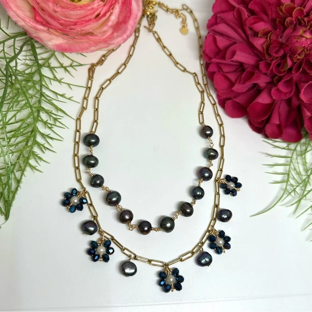 NEW⚜️Freshwater Tahitian Pearl & Crystal Flower Charm Necklace